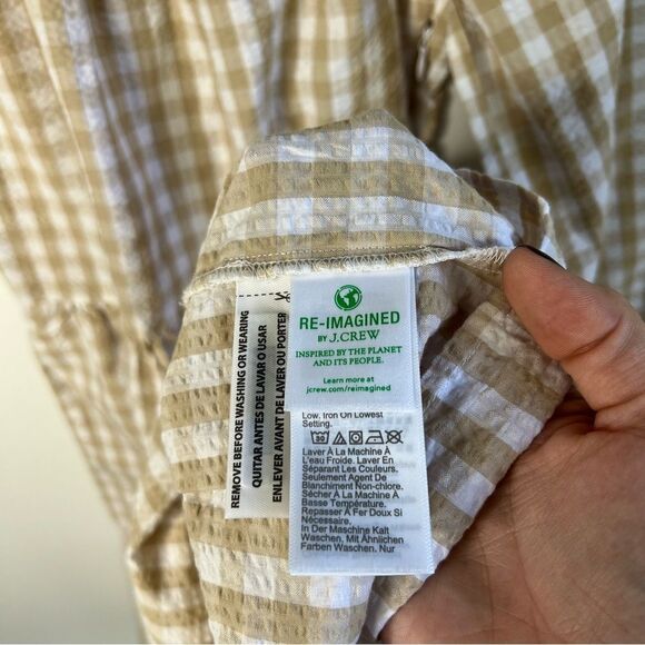 J Crew Seersucker ruffle neck mini dress Tan and White Tiered Gingham size 0 XS - Picture 9 of 12